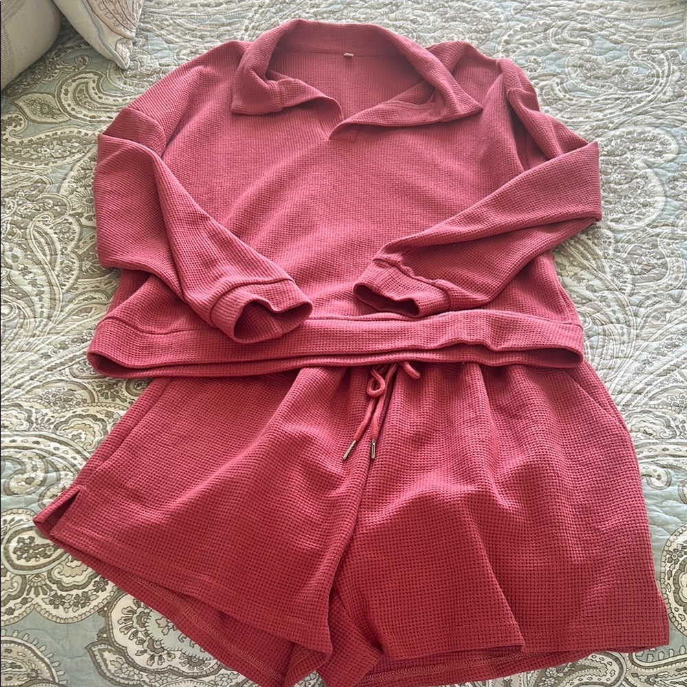 Pink Waffle Knit Lounge Set - Cozy Two-Piece - Picture 2 of 2